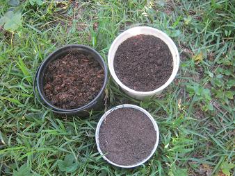 Kompost, Gartenerde und Wurmhumus werden zu gleichen Teilen untereinander vermischt.