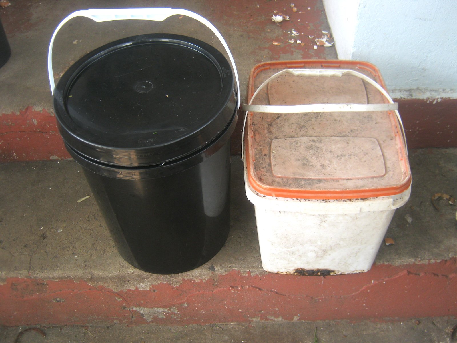 2 very basic worm bins. The white one has been in use for years.