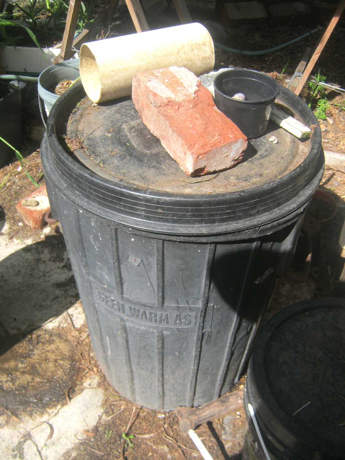 Old large waste bin converted into a worm bin. The bin has drainage holes at the bottom and an easy fitting lid.